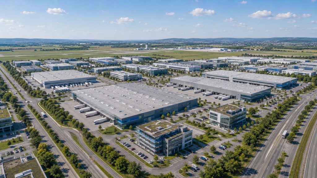 Gewerbe- und Logistikgebiet in Filderstadt nahe Flughafen aus der Luft