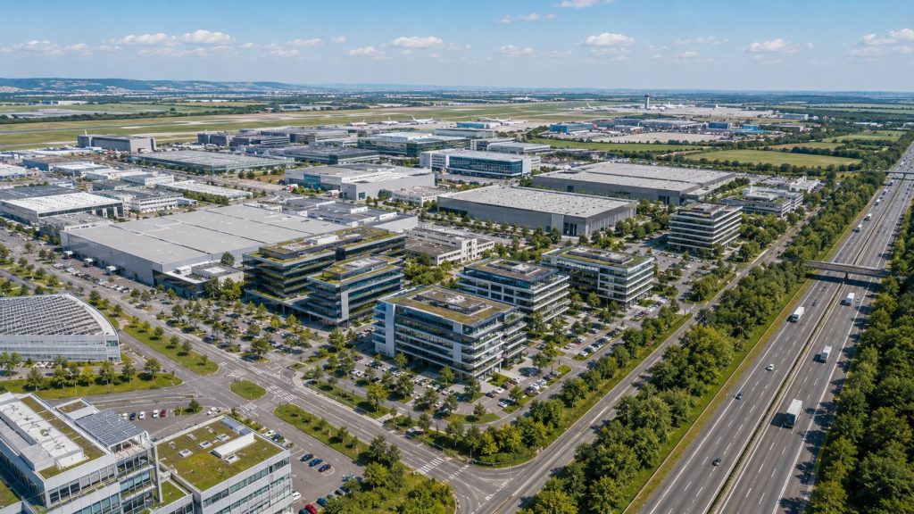 Gewerbe- und Bürostandort in Leinfelden-Echterdingen nahe Flughafen und Messe aus der Luft