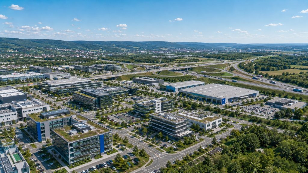 Gewerbegebiet in Leonberg am Autobahndreieck A8/A81 aus der Luft