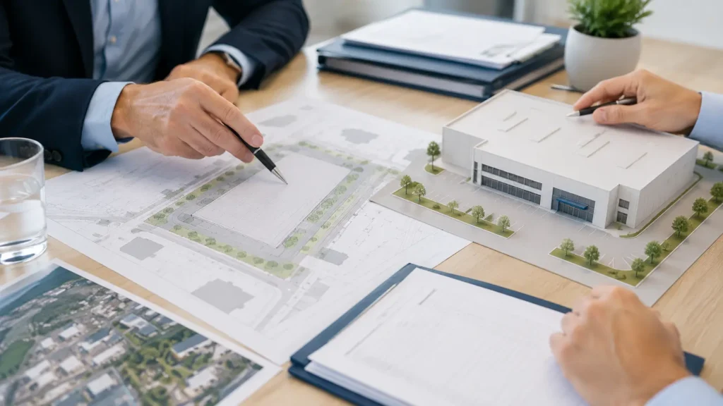 Planung einer Gewerbehalle mit Bauplan und Modell