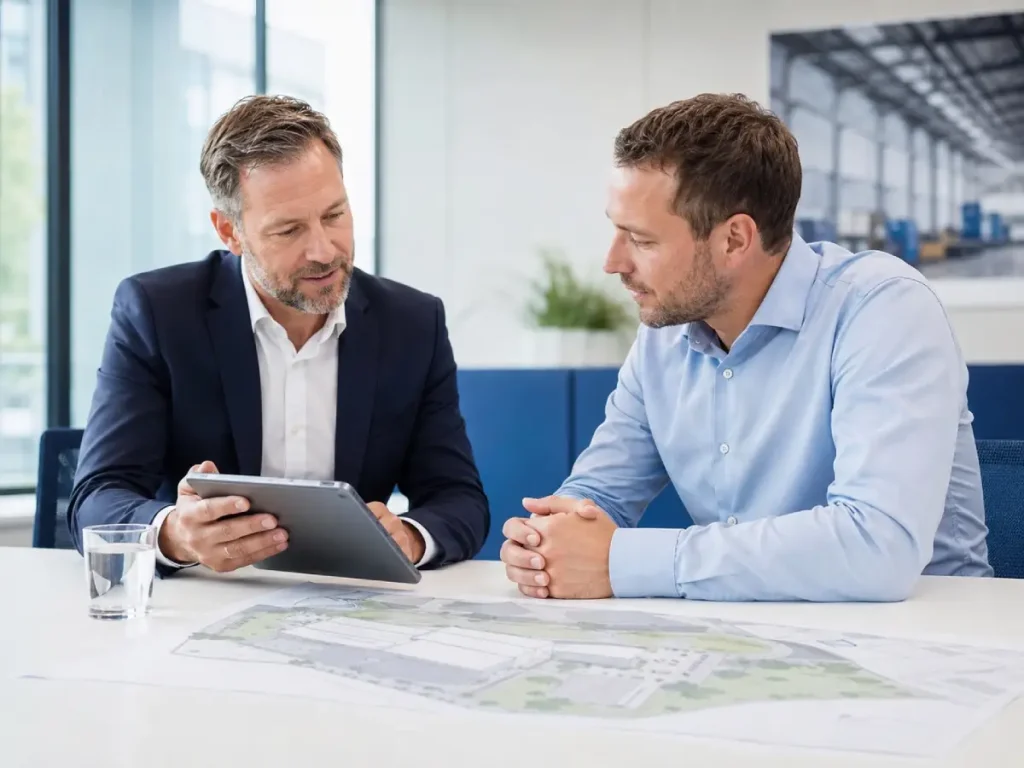 Makler und Unternehmer im Gespräch mit Tablet und Lageplan, vertrauensvoll, hell.