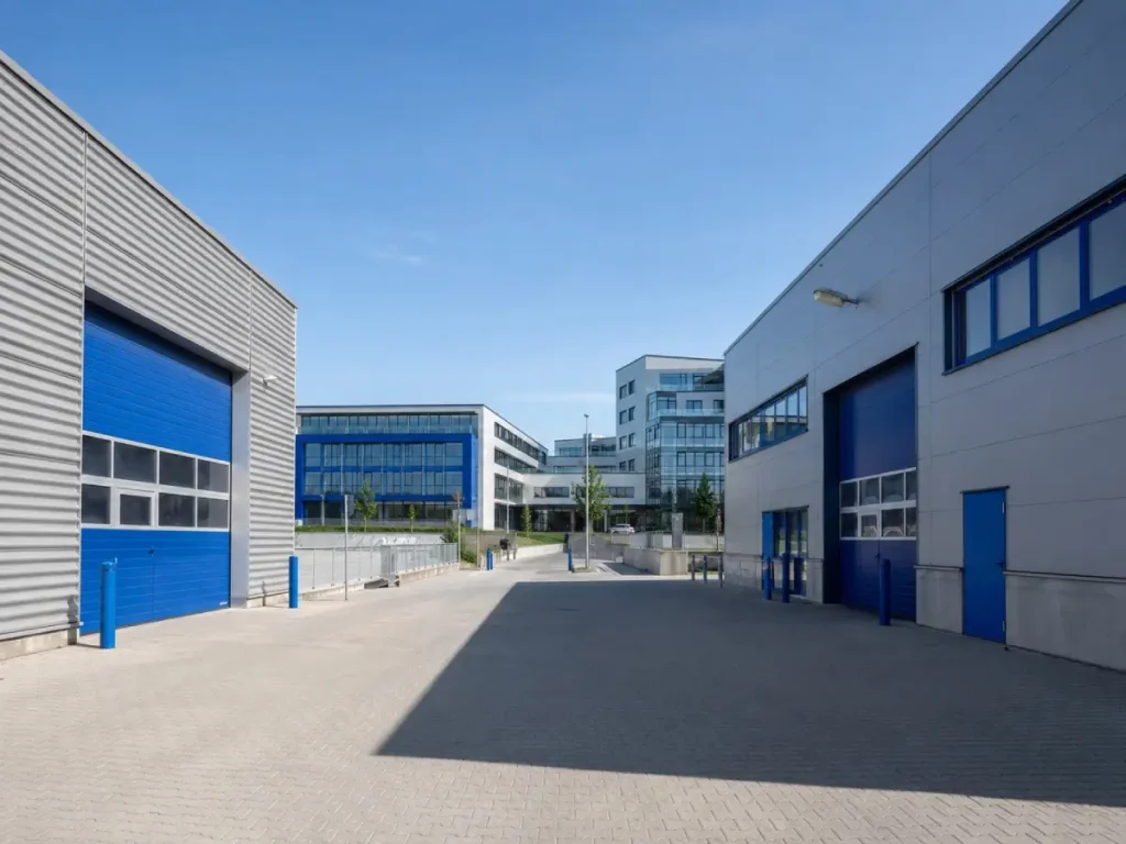 Befestigte Industriefläche mit Hallen und modernen Campusbauten im Hintergrund, urban, hell, sachlich.
