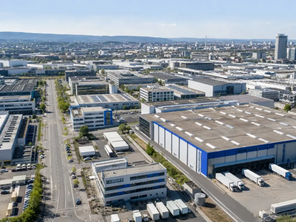 Luftaufnahme eines Heilbronner Industriegebiets mit Produktions- und Fertigungshallen, Lkw-Höfen und modernen Bürobauten, urban.