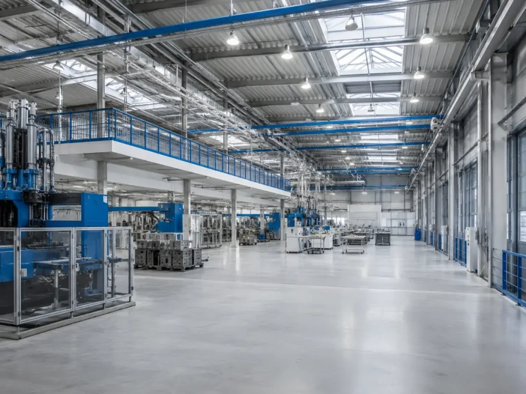Moderne Produktions- und Fertigungshalle von innen, hohe Decke, Industrieboden, hell, professionell.