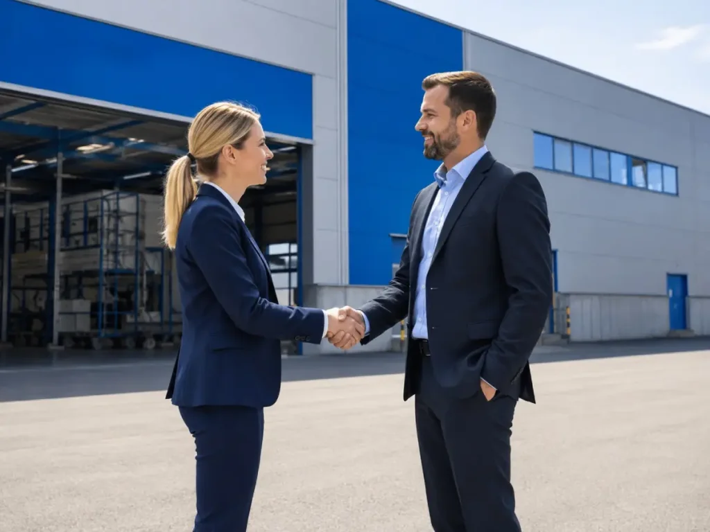 Maklerin reicht einem Unternehmer vor einer Produktionshalle die Hand, Vertrauen und Abschluss, dezenter Blauton, hell.