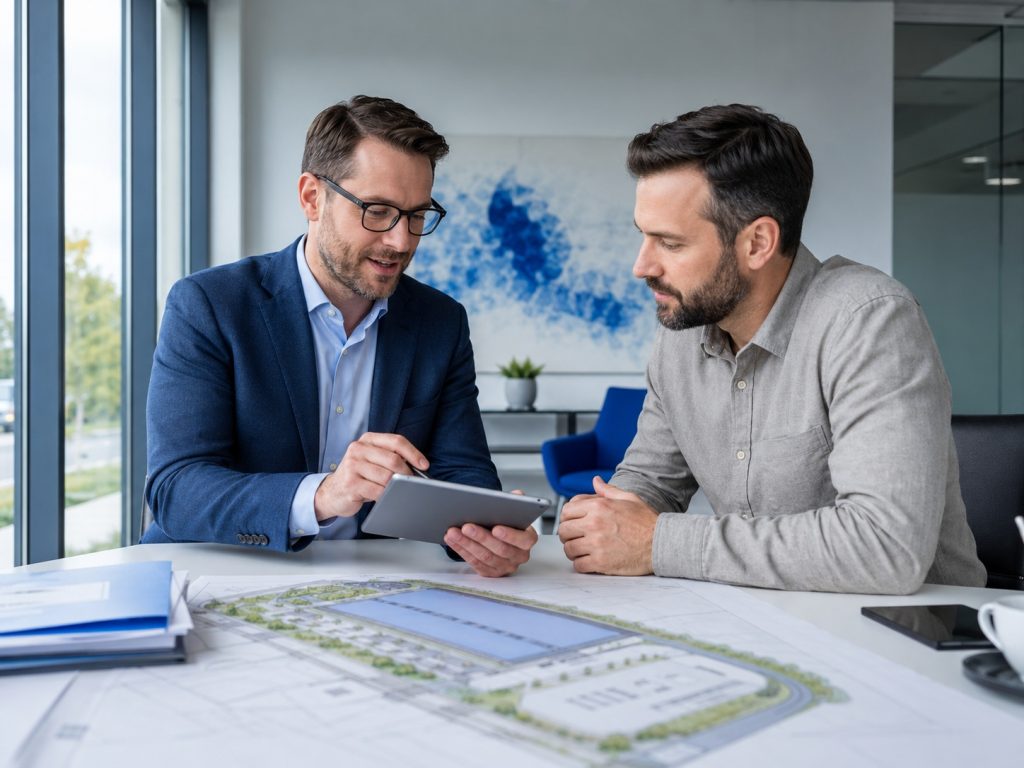 Makler und Unternehmer im Gespräch mit Tablet und Lageplan, vertrauensvoll, hell.
