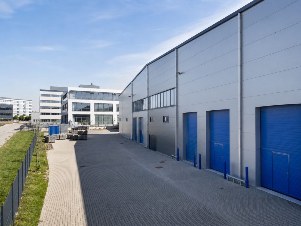 Befestigte Industriefläche mit Hallen und modernen Campusbauten im Hintergrund, urban, hell, sachlich.