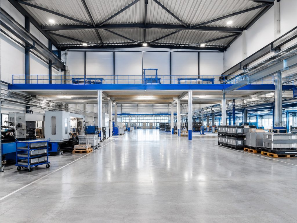 Moderne Produktions- und Fertigungshalle von innen, hohe Decke, Industrieboden, hell, professionell.