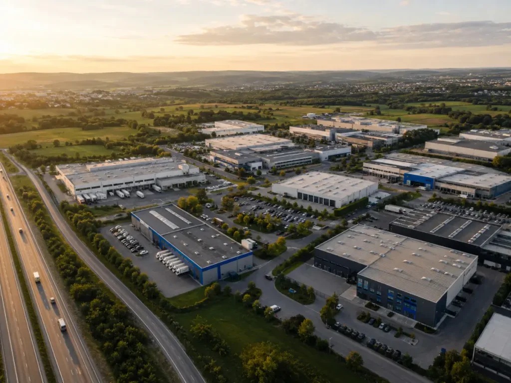 Gewerbehallen in der Region Stuttgart aus der Luft