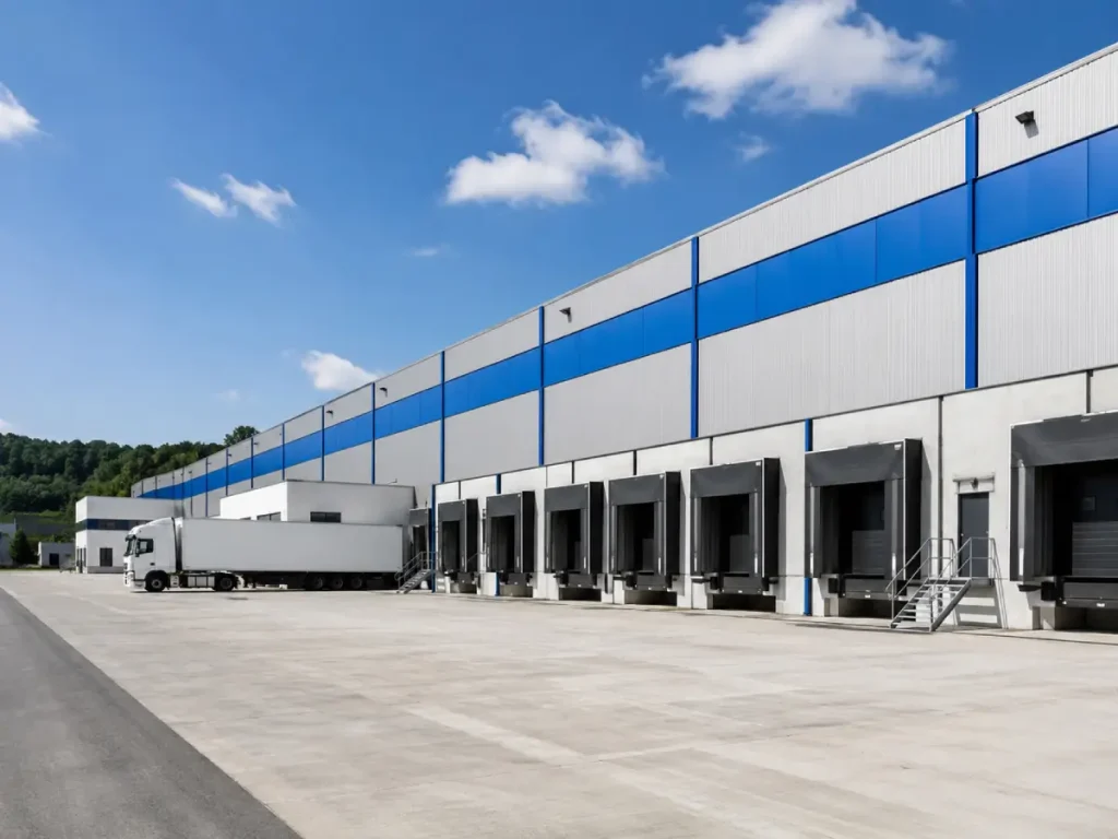 Außenansicht der Verladerampen und Andocktore einer Logistikhalle mit Rangierfläche für Lkw, hell, sachlich.