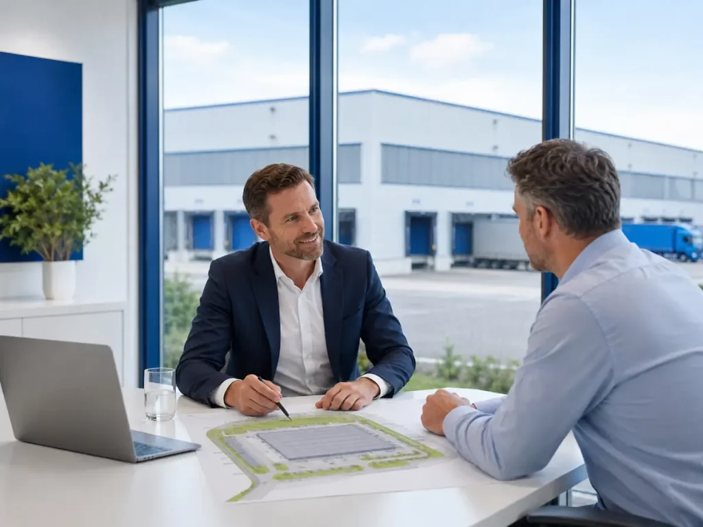 Makler und Eigentümer im Gespräch an einem Tisch mit Hallen-Lageplan und Laptop, vertrauensvoll, hell.