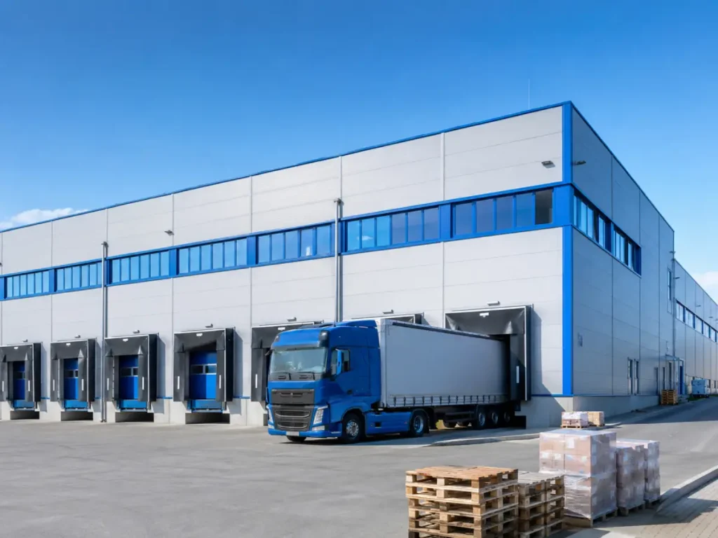 Vermietete Logistikhalle mit Lkw an der Verladerampe, laufender Betrieb, hell, sachlich.