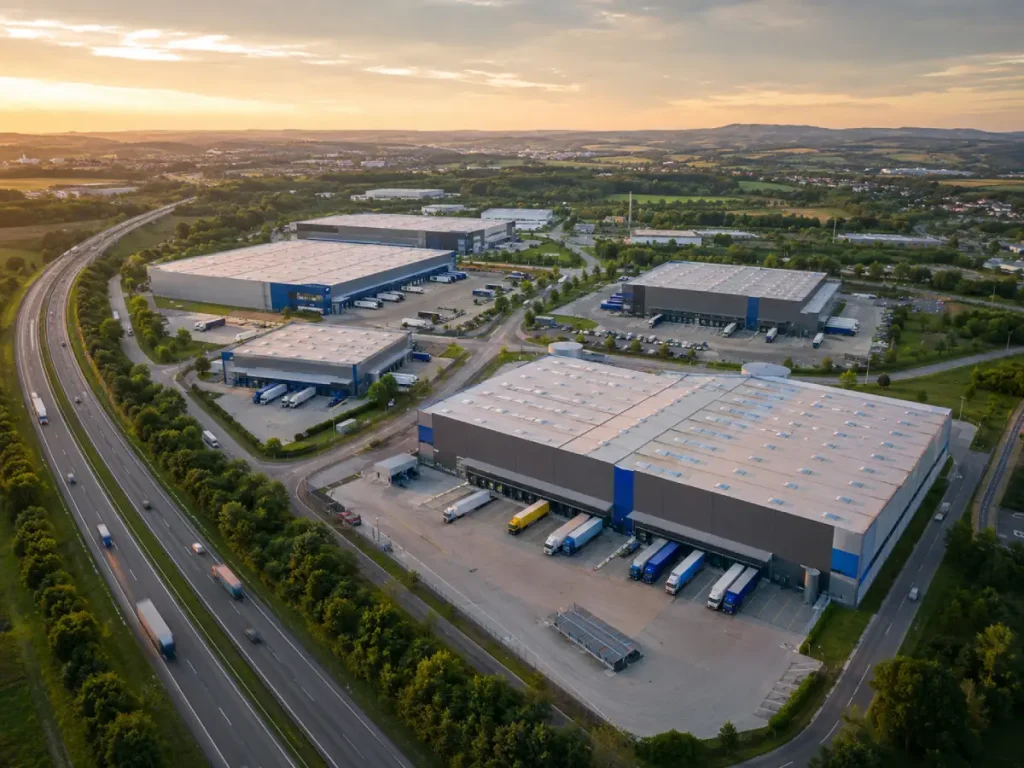 Luftaufnahme mehrerer Lager- und Logistikhallen mit Lkw-Höfen in einem Gewerbegebiet der Region Stuttgart mit Autobahnanbindung, Abendlicht.