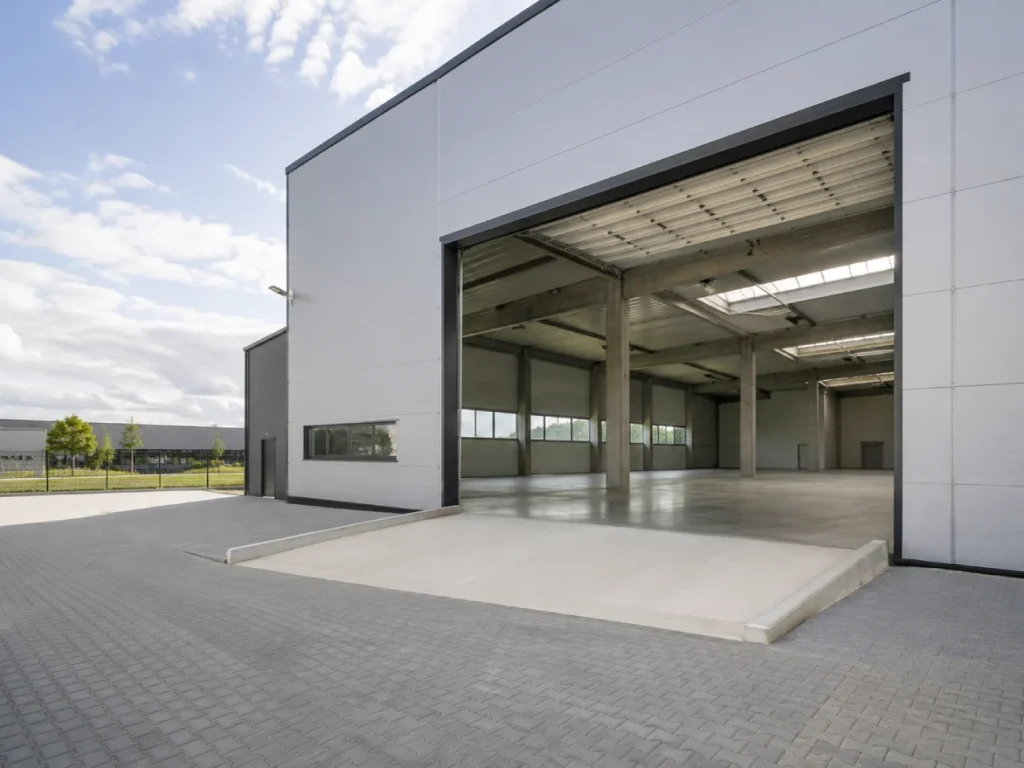 Lager- und Hallenfläche zur Miete in einem Gewerbegebiet der Region Stuttgart, Tageslicht, sachlich.